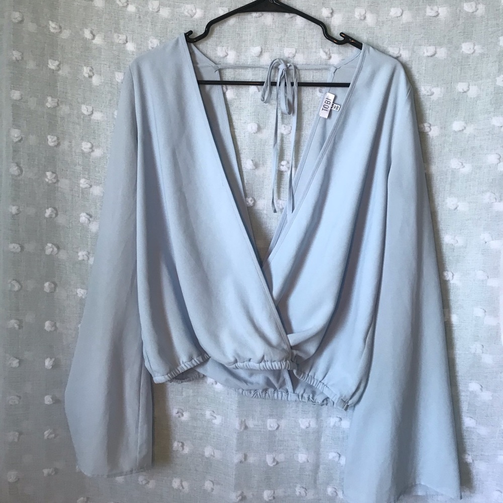 Plunge Bell Sleeve Baby Blue Blouse